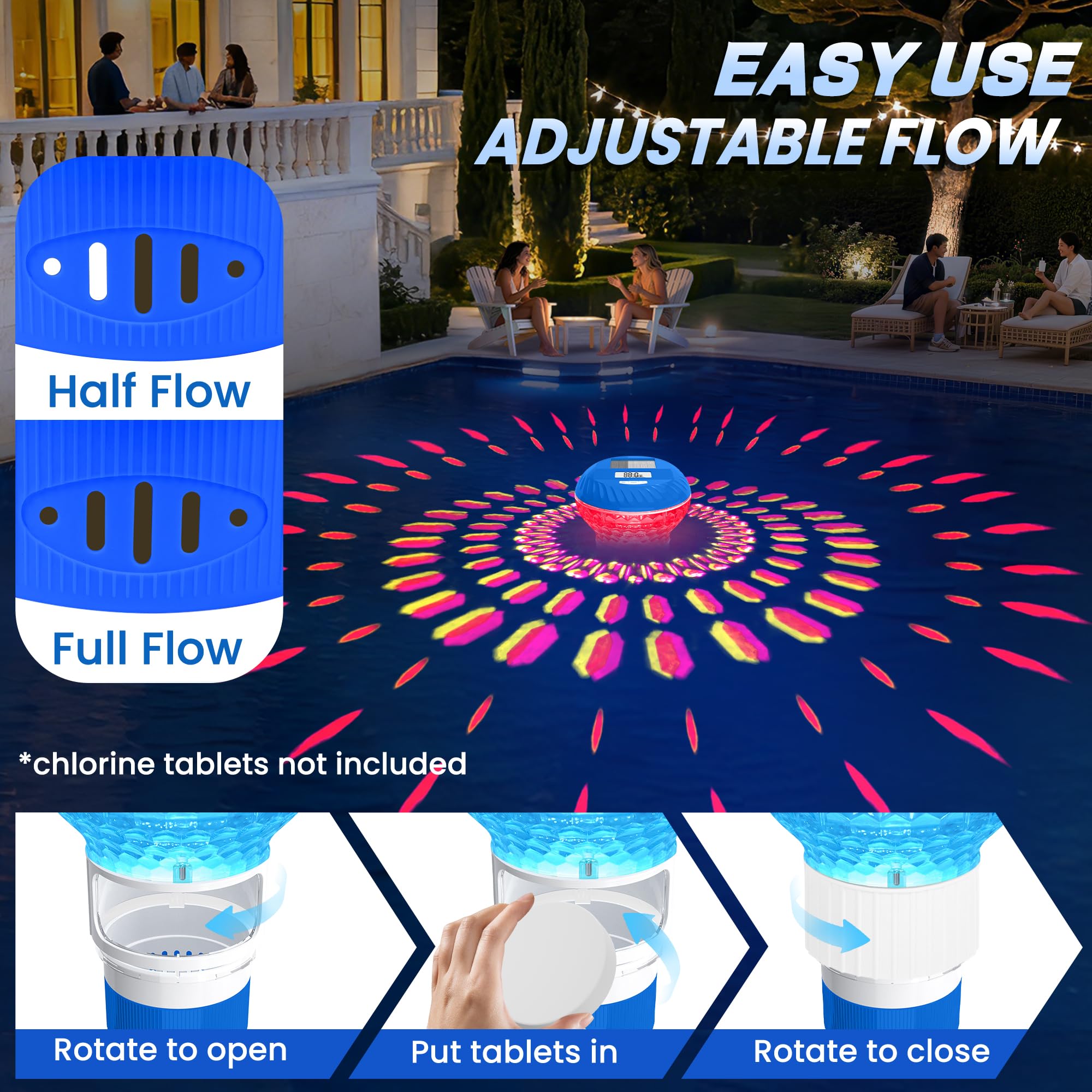FineBud Chlorine Floater with colorful lights at night