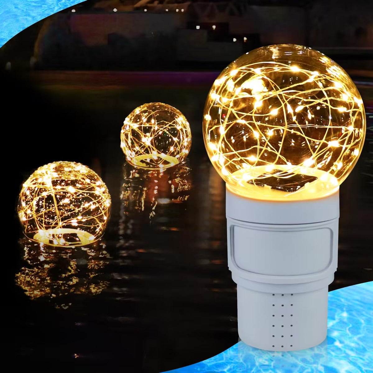 FineBud Pool Chlorine Floater front view with solar lights