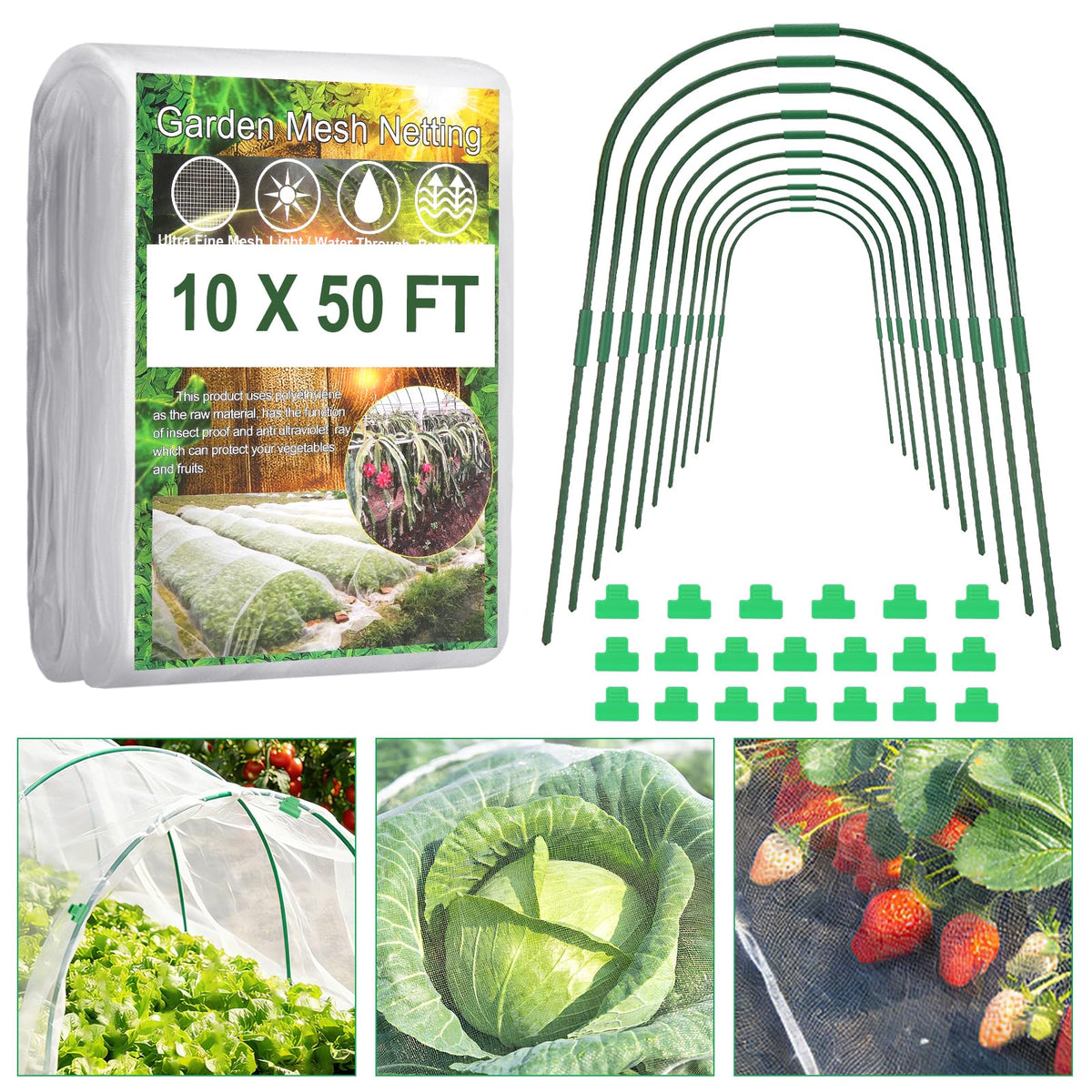 Fippy Garden Netting Kit 10 x 50FT with garden hoops and clips