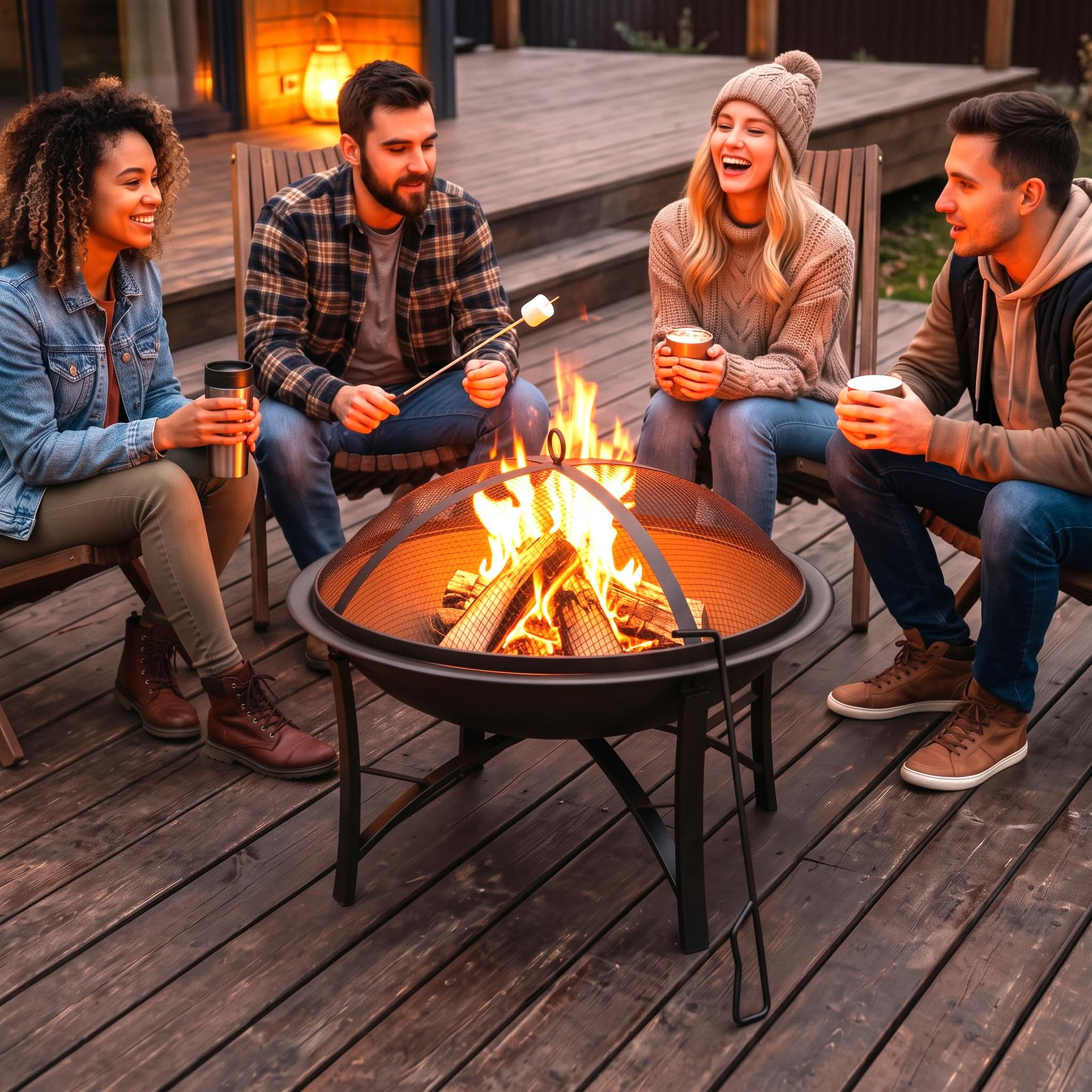 Fire Beauty 22-inch outdoor fire pit with spark screen, side view