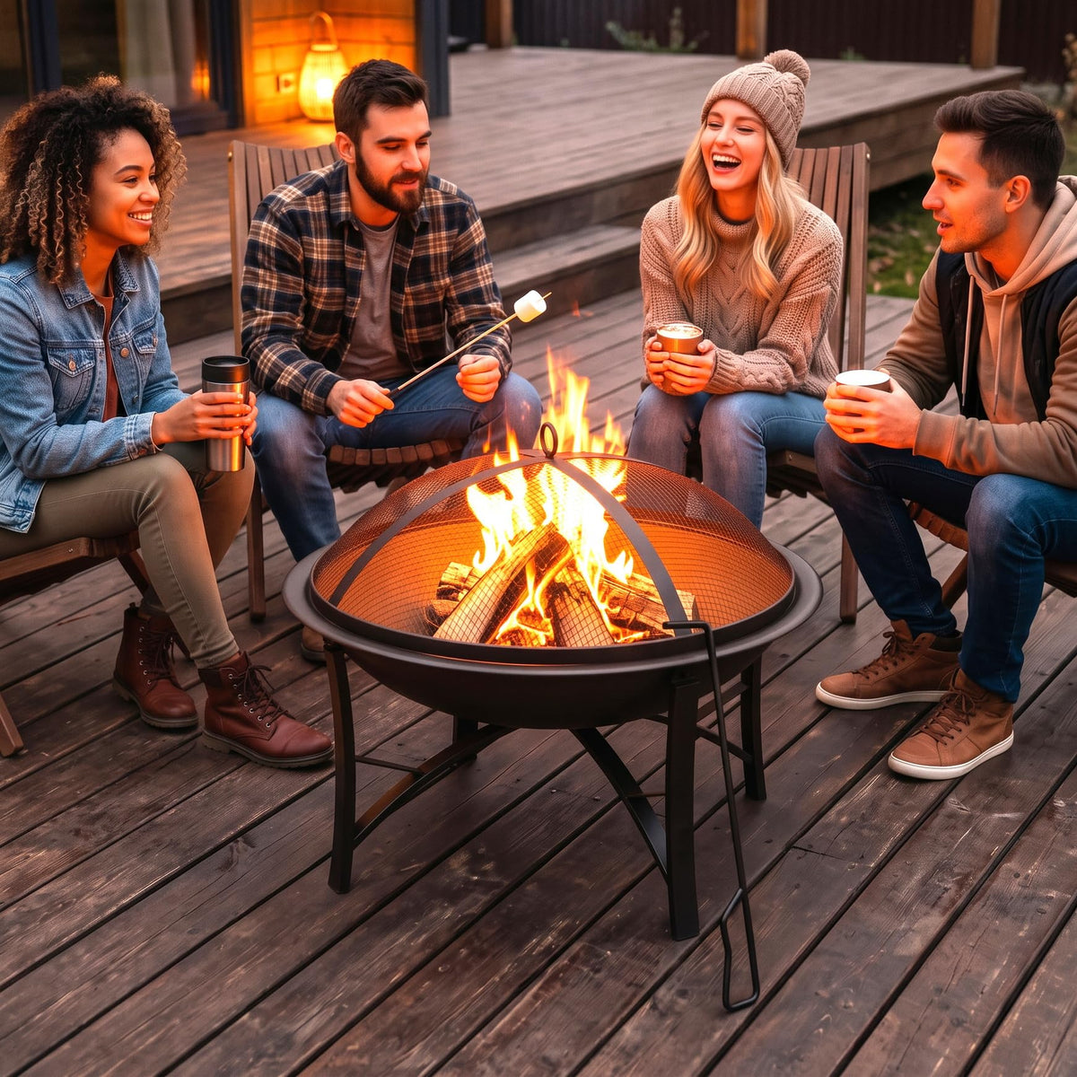 Fire Beauty 22-inch outdoor fire pit with spark screen, side view