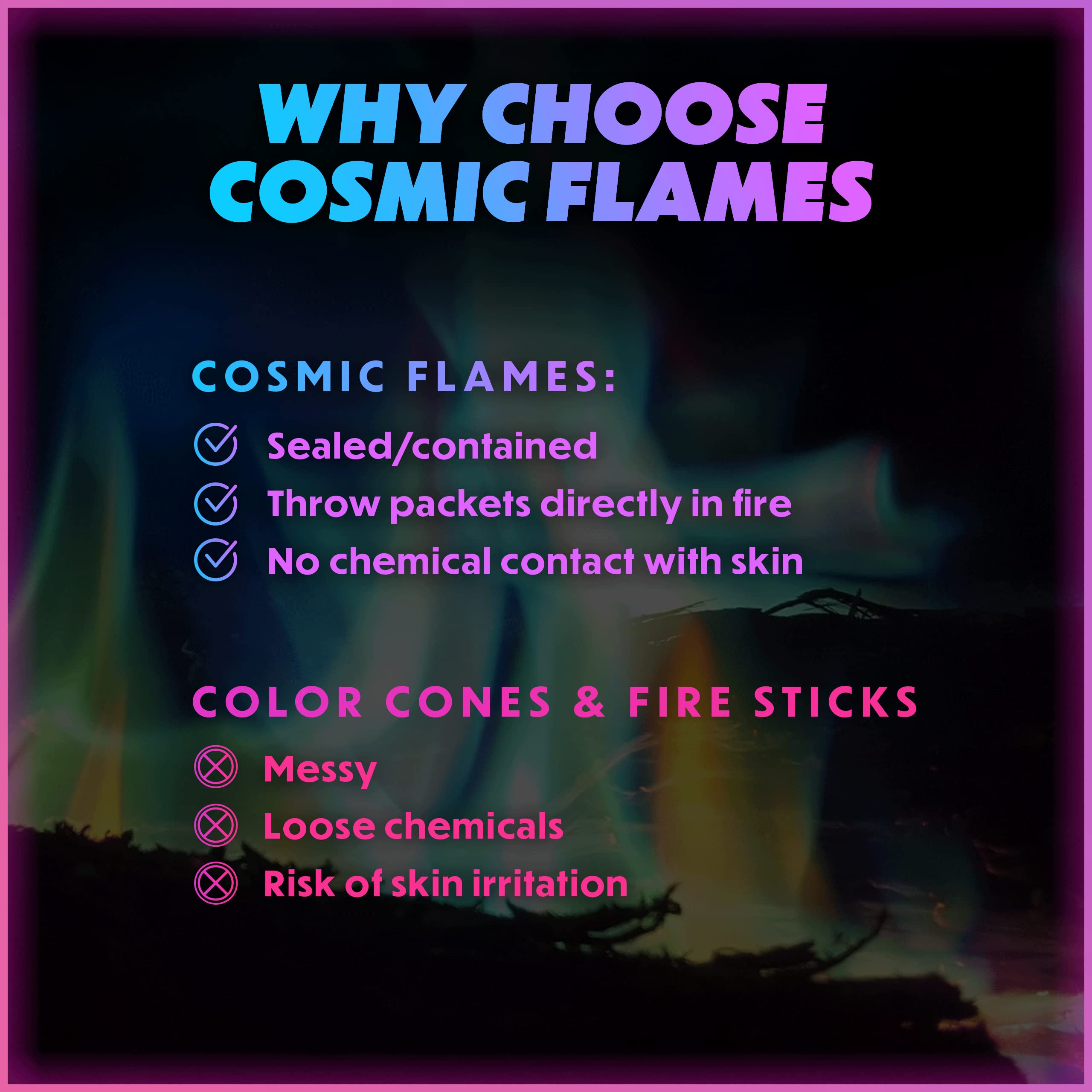 Fire changing colours with Magical Flames packets in use