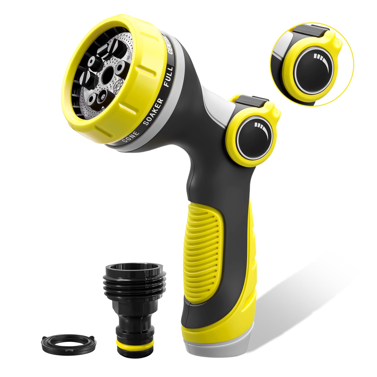 Fire Frog Garden Hose Nozzle front view with yellow finish