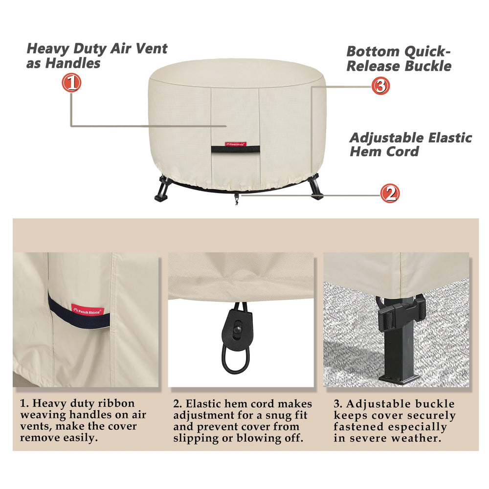 Fire pit cover with adjustable elastic hem and buckle straps