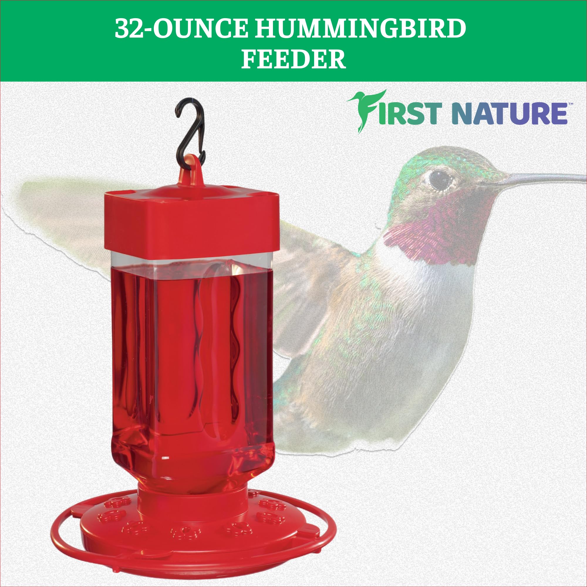 FIRST NATURE Hummingbird Feeder hung from a garden hook