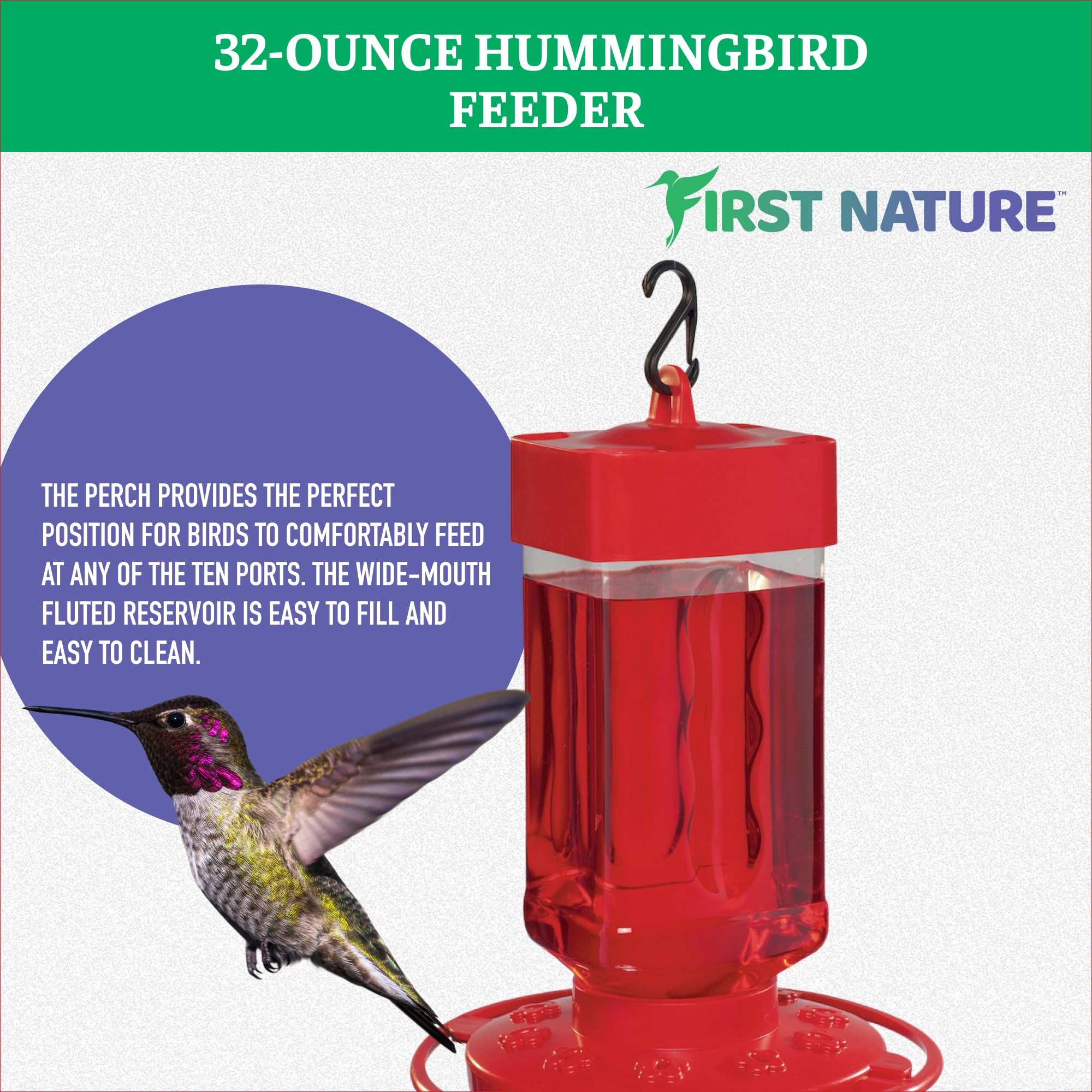 FIRST NATURE Hummingbird Feeder side view demonstrating wide-mouth reservoir