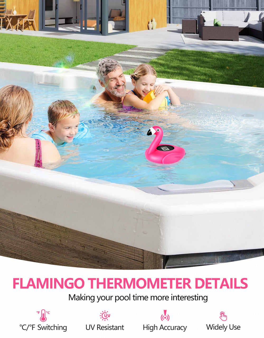 FirstE Solar Digital Pool Thermometer displaying temperature at night