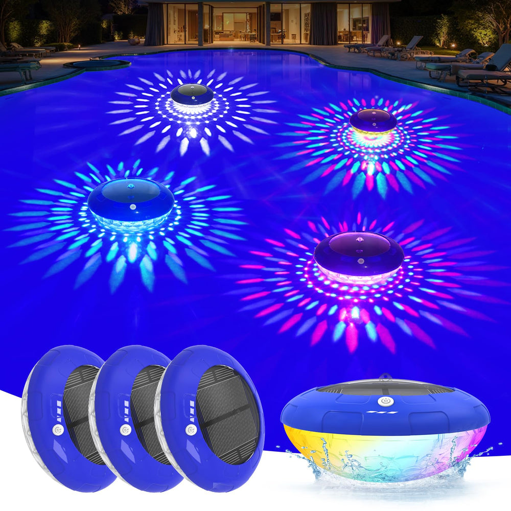 FirstE Solar Floating Pool Light 4PK in blue color, floating on water