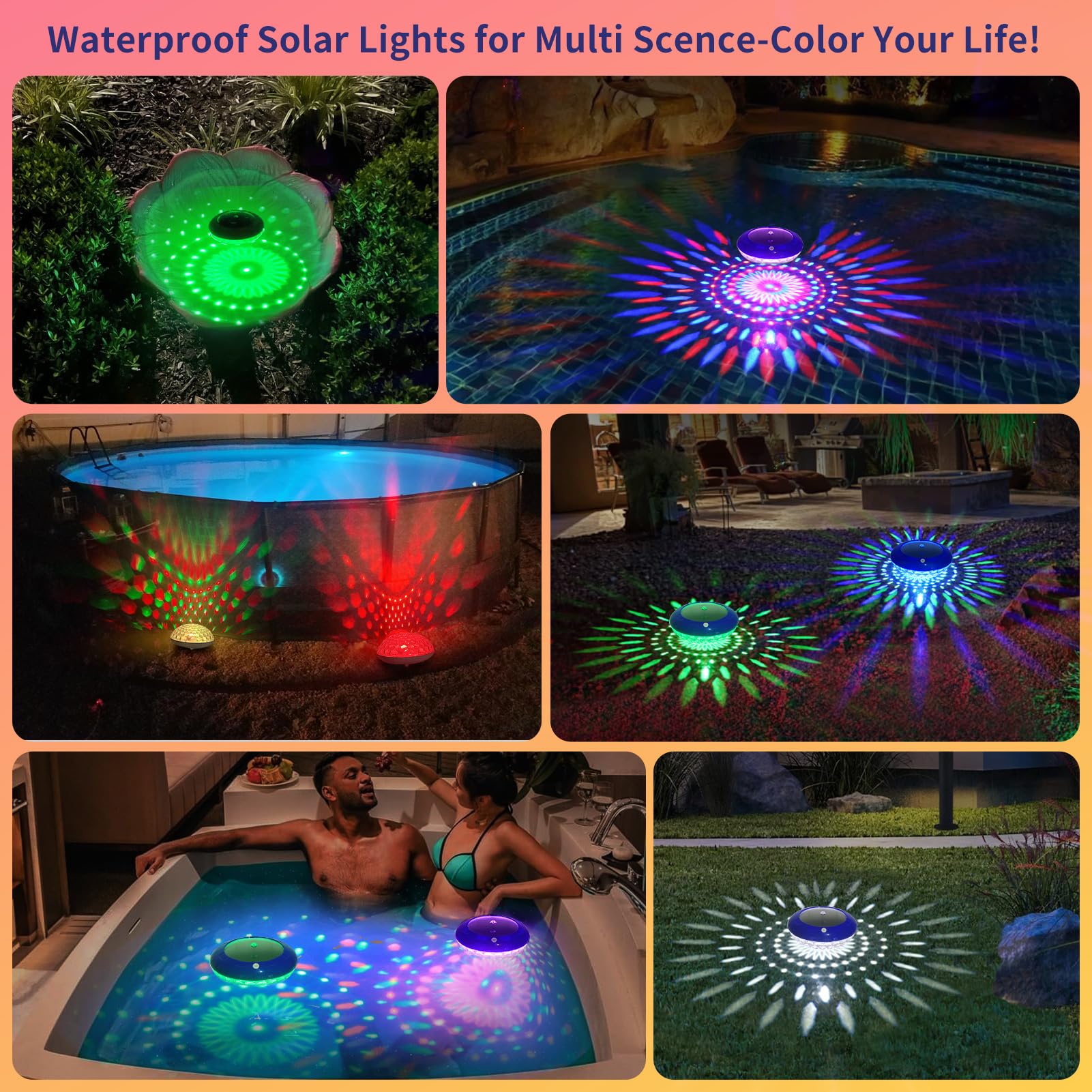 FirstE Solar Floating Pool Light floating in water, illuminated