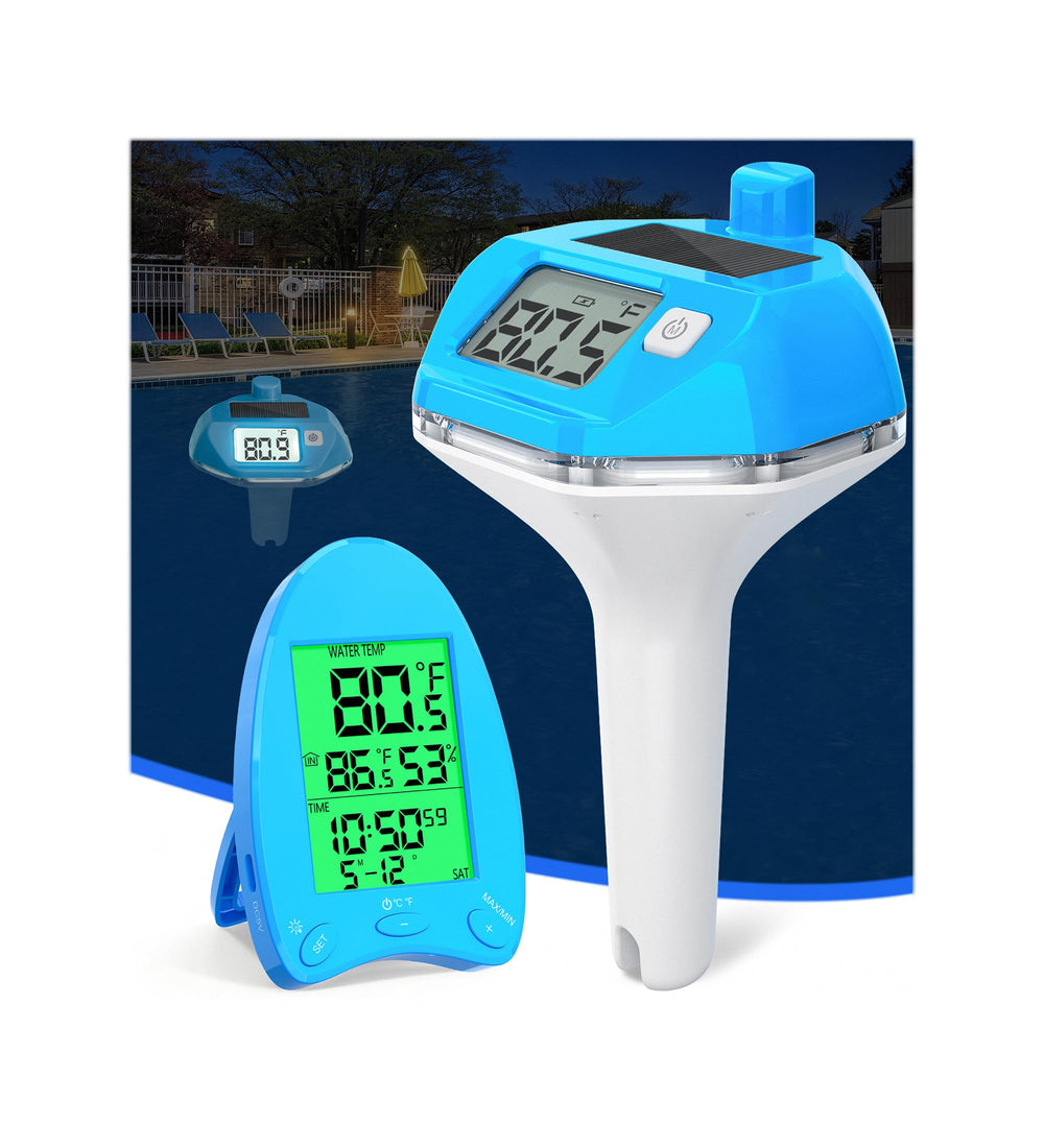FirstE Solar Powered Wireless Pool Thermometer front view, light blue