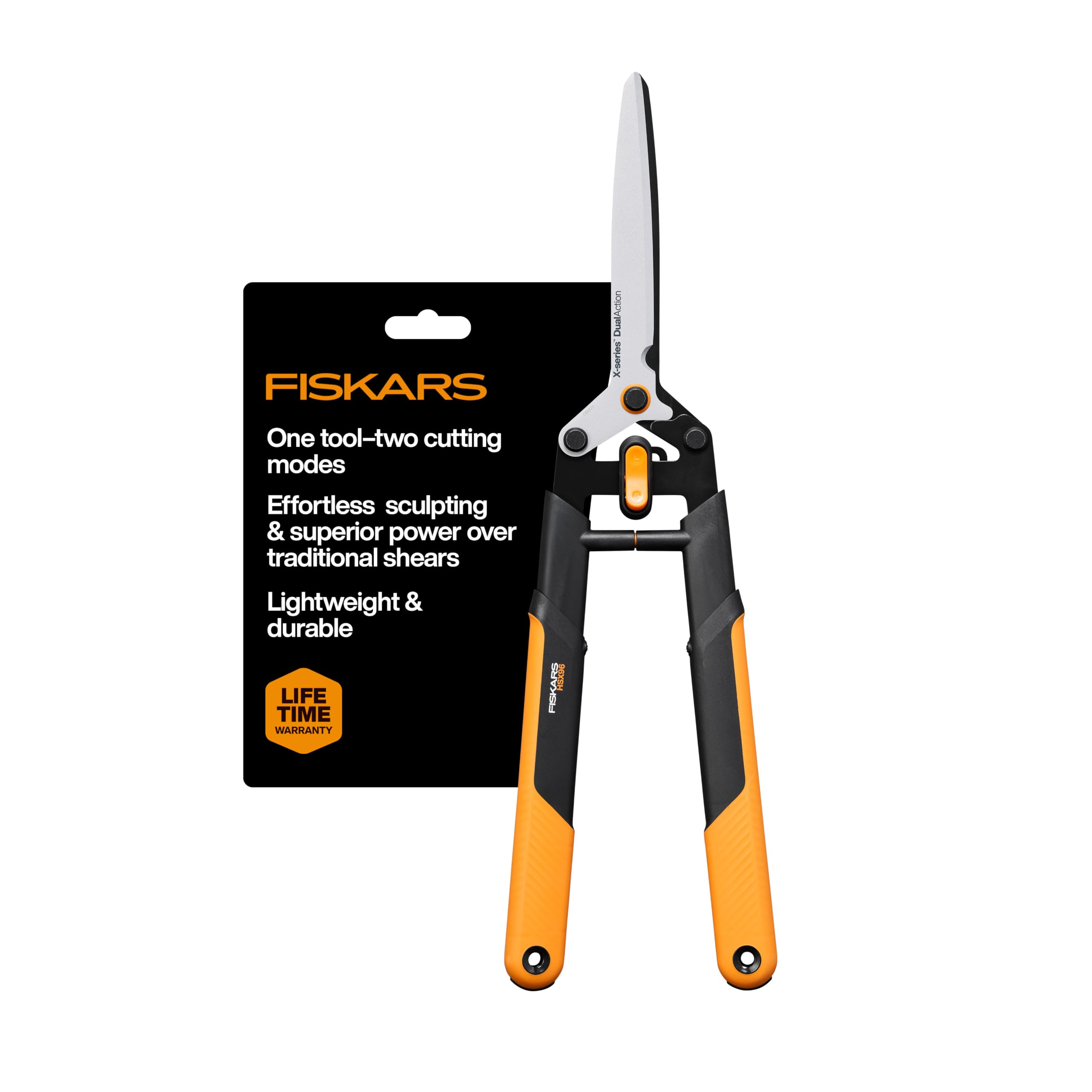 Fiskars 25-inch DualAction Hedge Shears front view with orange handles