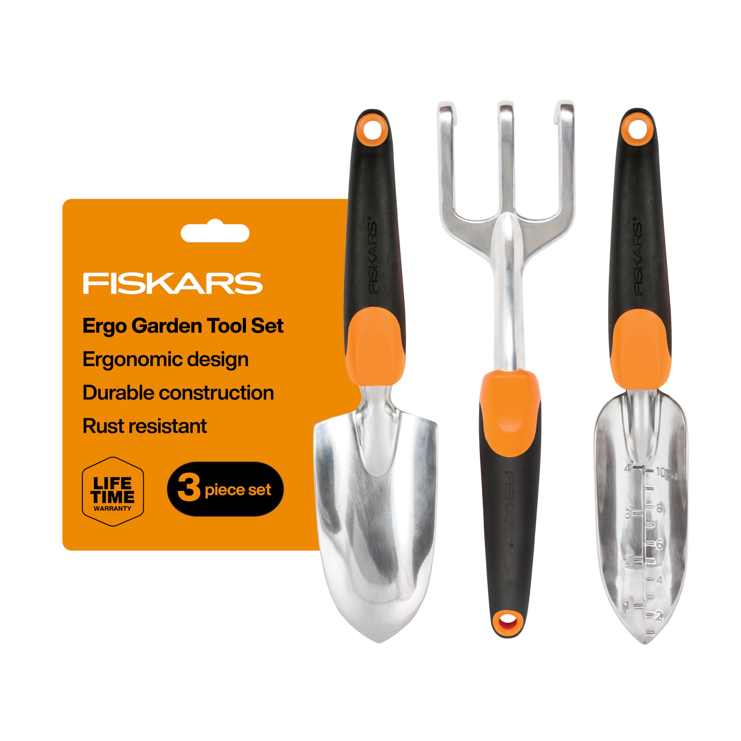 Fiskars 3-Piece Garden Hand Tools Set including trowel, transplanter, and cultivator
