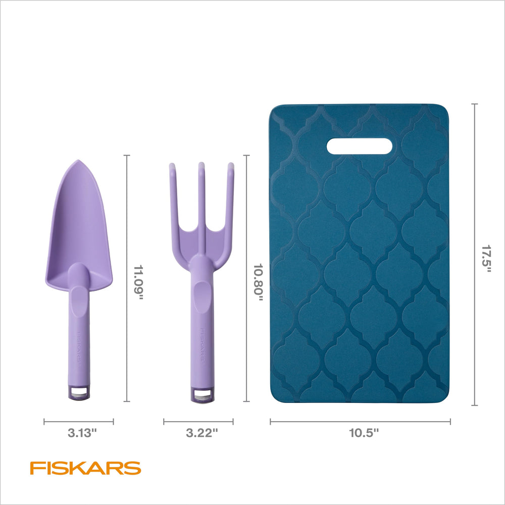 Fiskars 3-Piece Garden Tool Set displayed on a garden path