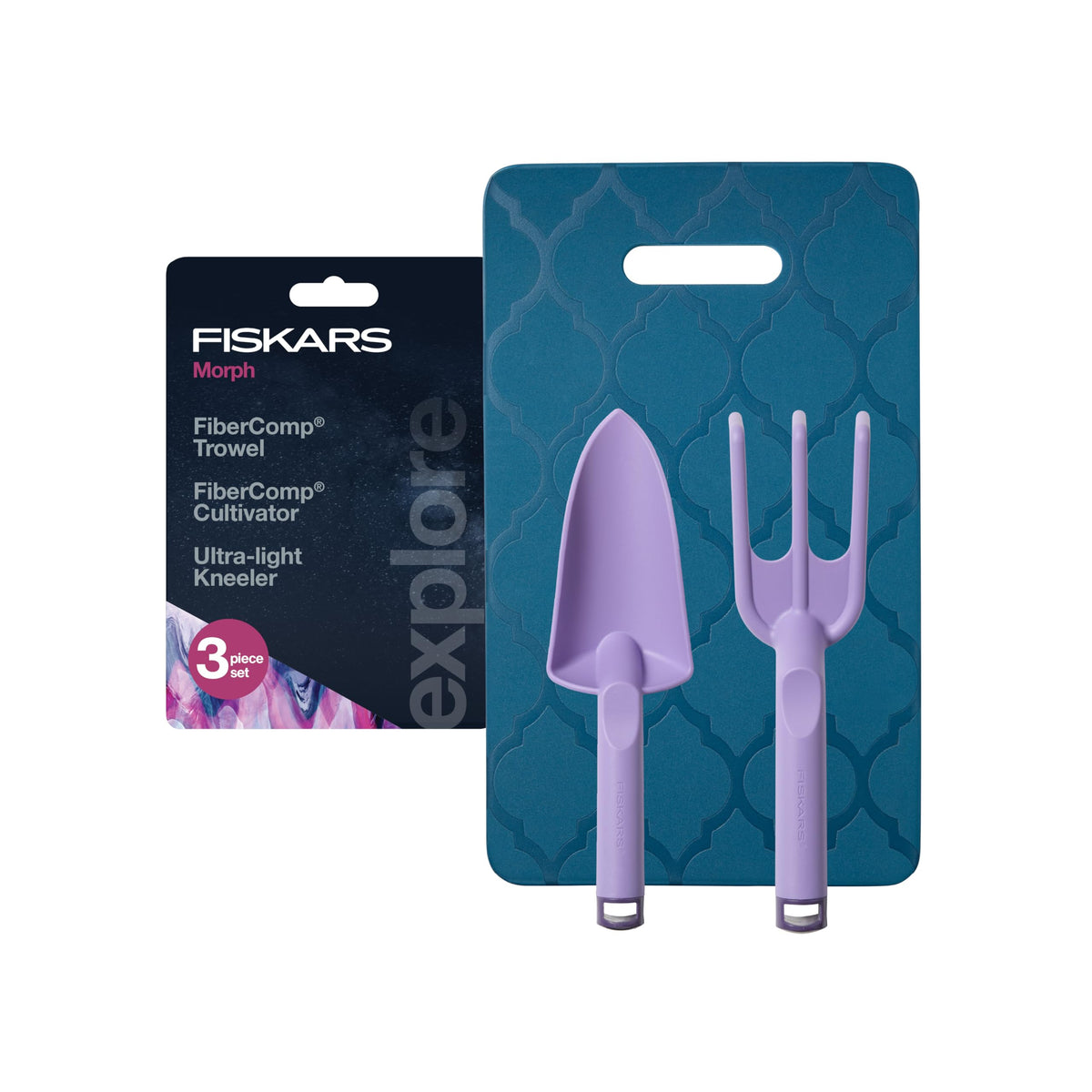 Fiskars 3-Piece Garden Tool Set including trowel, cultivator, and kneeling pad