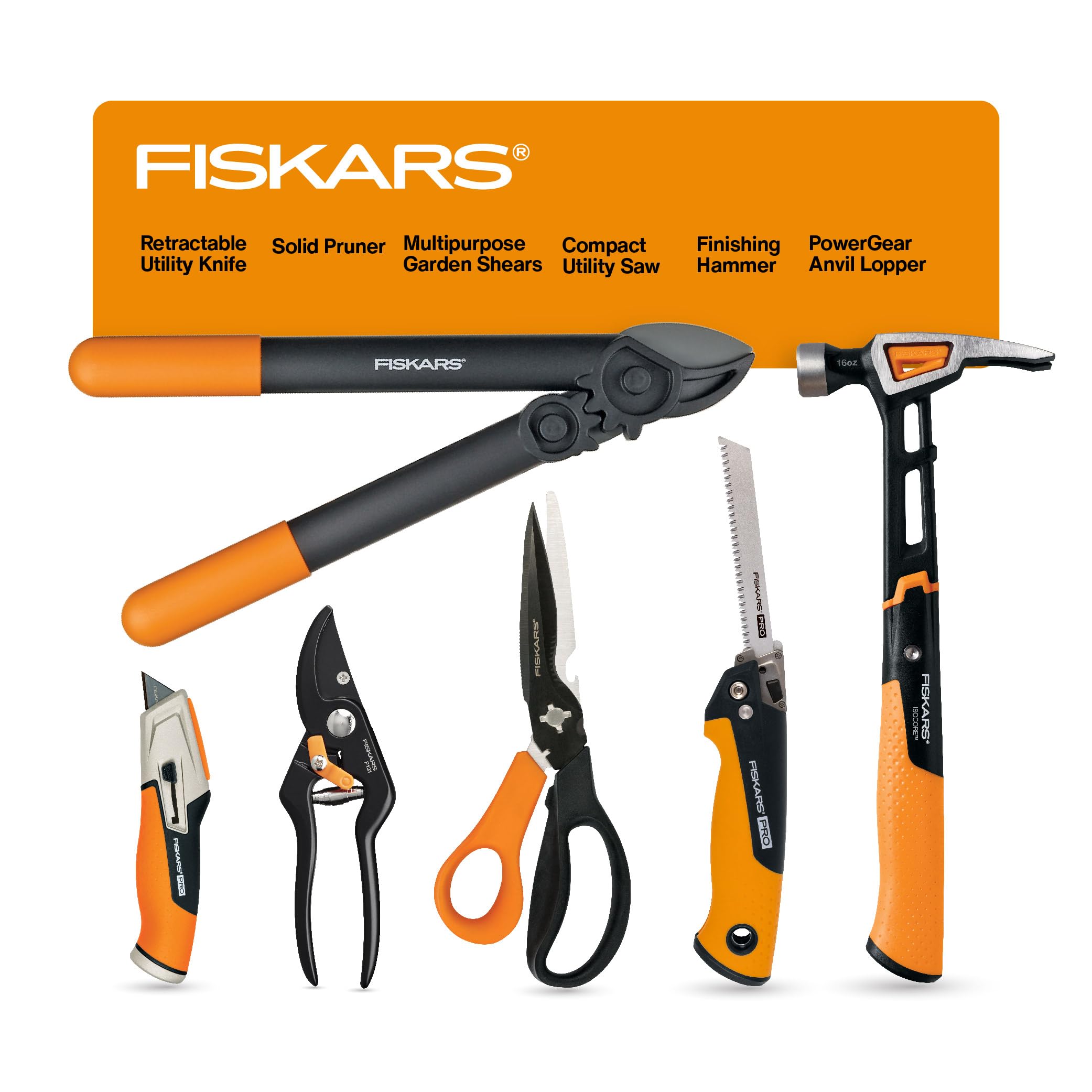 Fiskars 6-Piece Gardening Tool Set with tools laid out