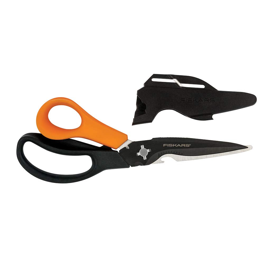 Fiskars 7-in-1 Heavy-Duty Garden Scissors front view, orange and black
