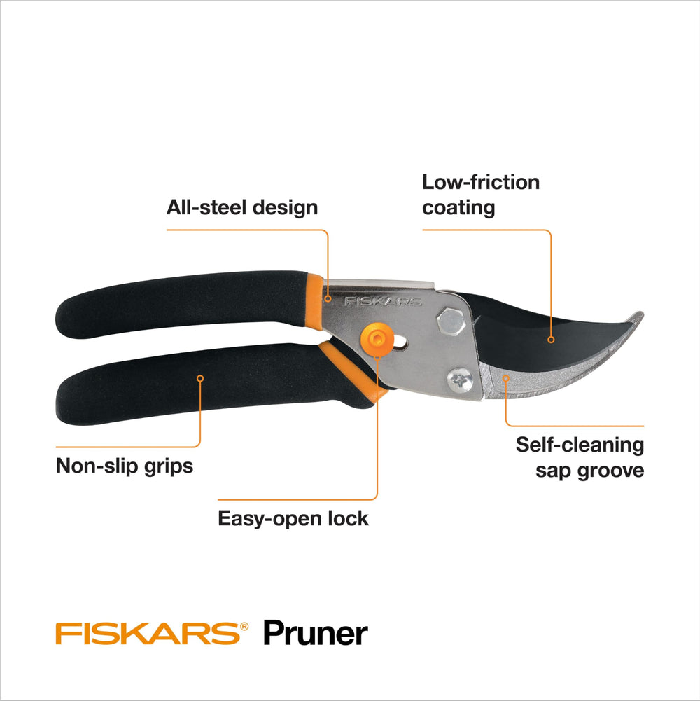 Fiskars Bypass Pruning Shears laid out on a gardening table