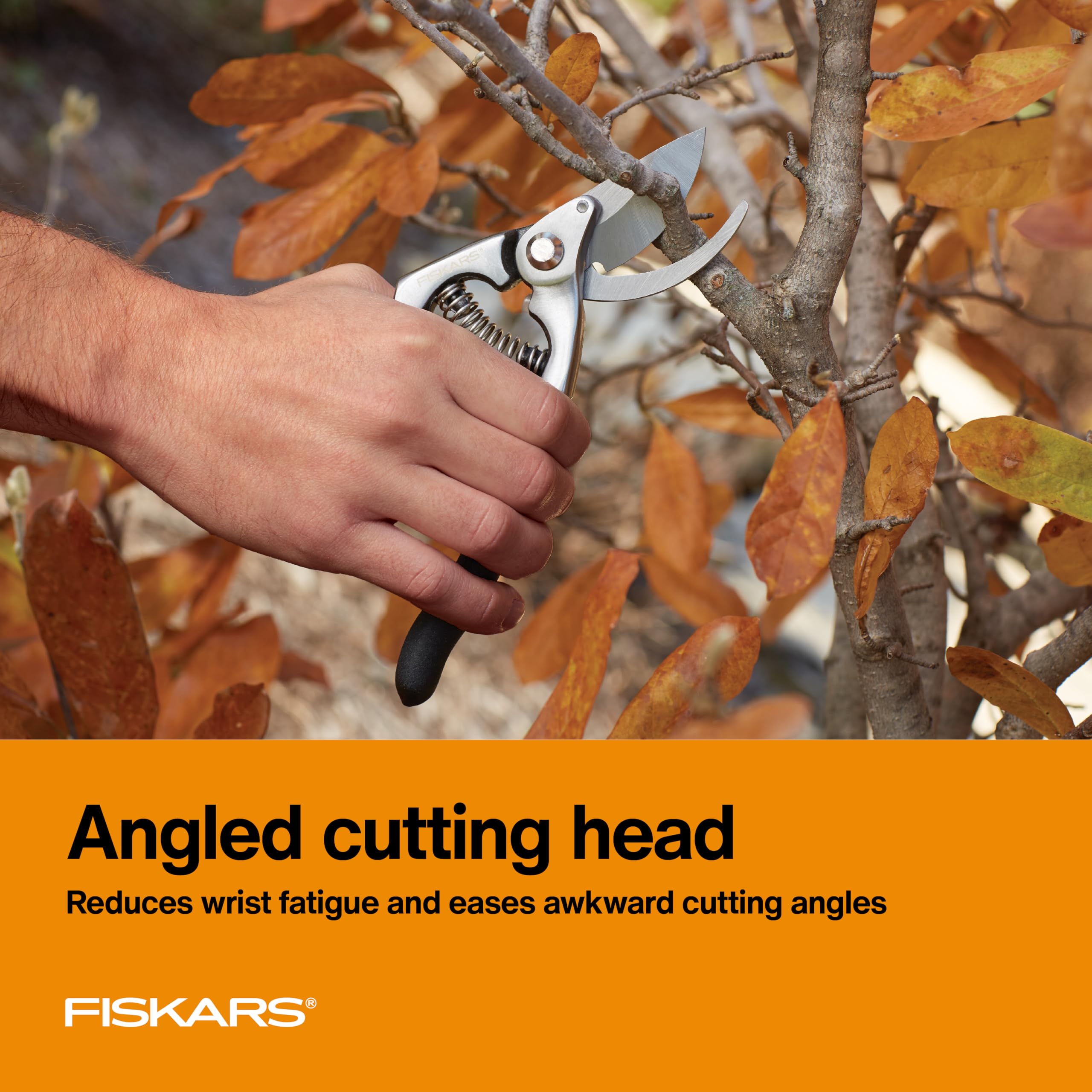 Fiskars Deluxe Forged Bypass Pruner angled head design for comfort