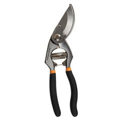 Fiskars Deluxe Forged Bypass Pruner front view with black handles