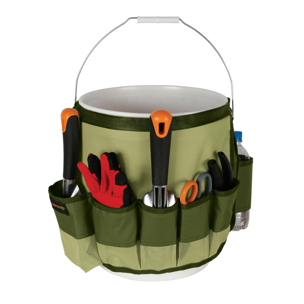Fiskars Garden Tool Bucket Caddy displaying deep pockets