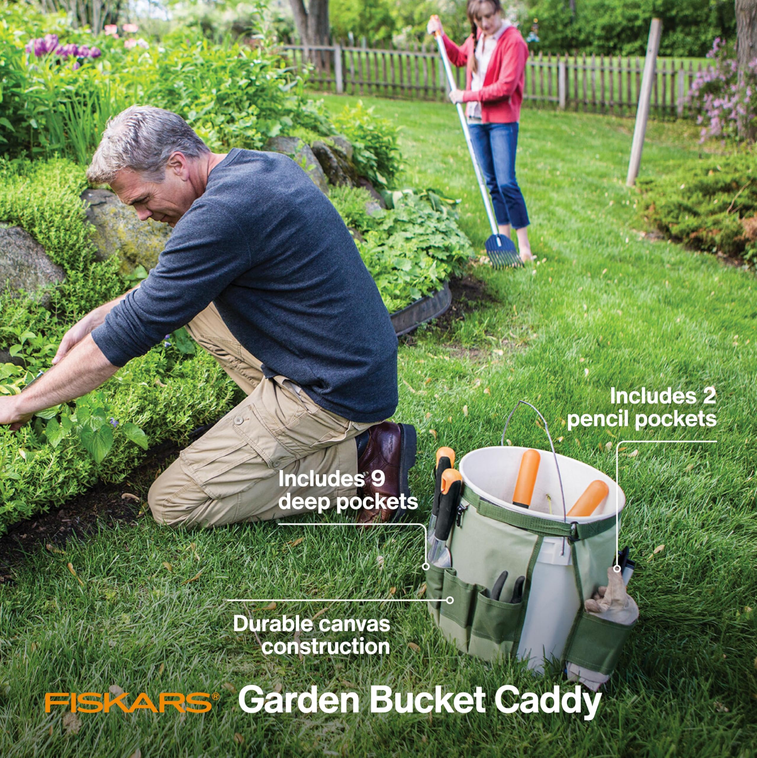 Fiskars Garden Tool Bucket Caddy front view with tools