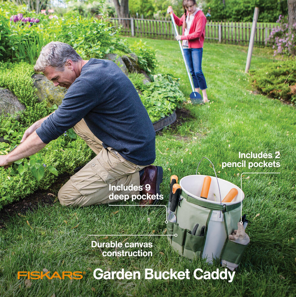 Fiskars Garden Tool Bucket Caddy front view with tools