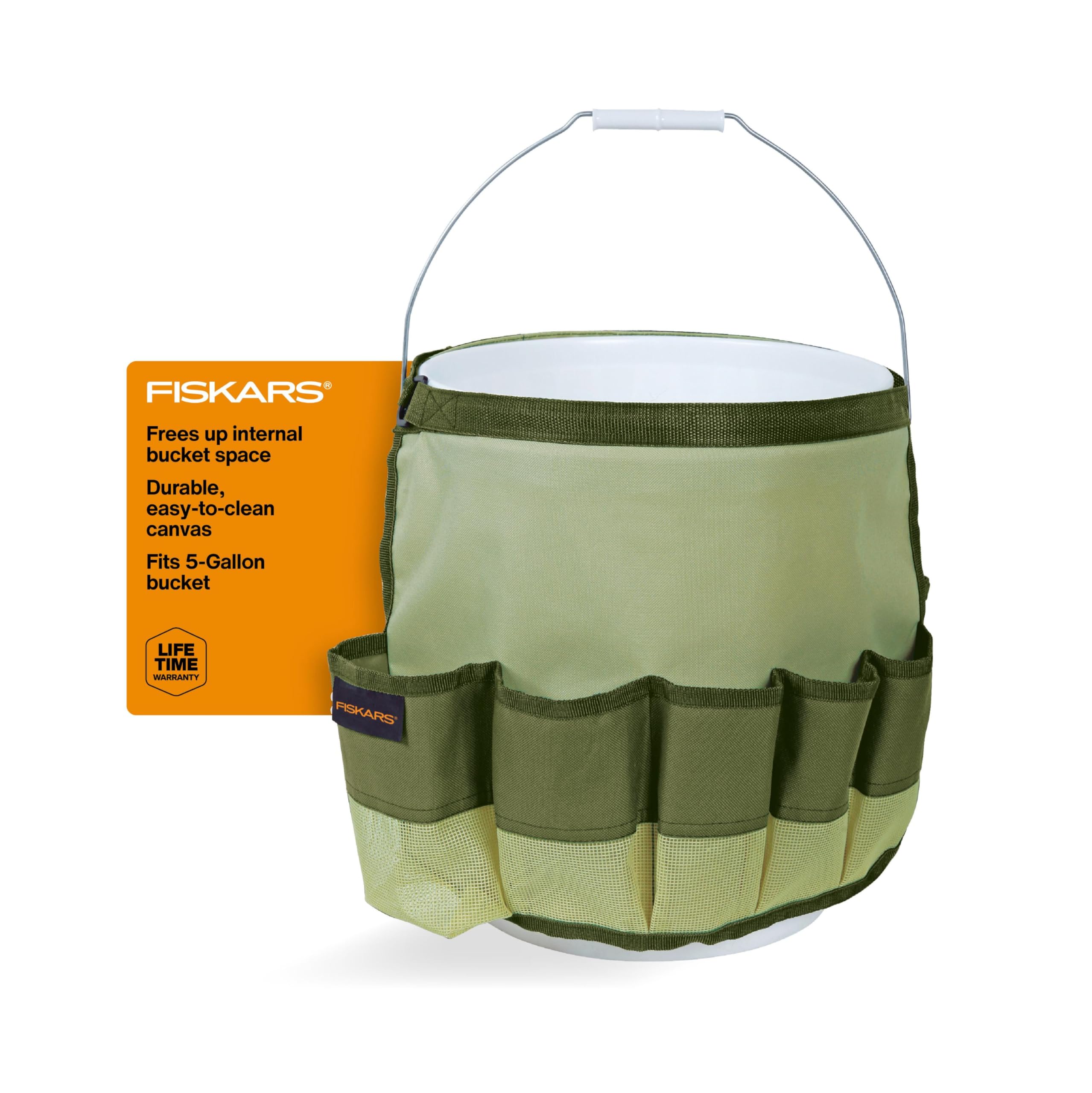 Fiskars Garden Tool Bucket Caddy in green with deep pockets