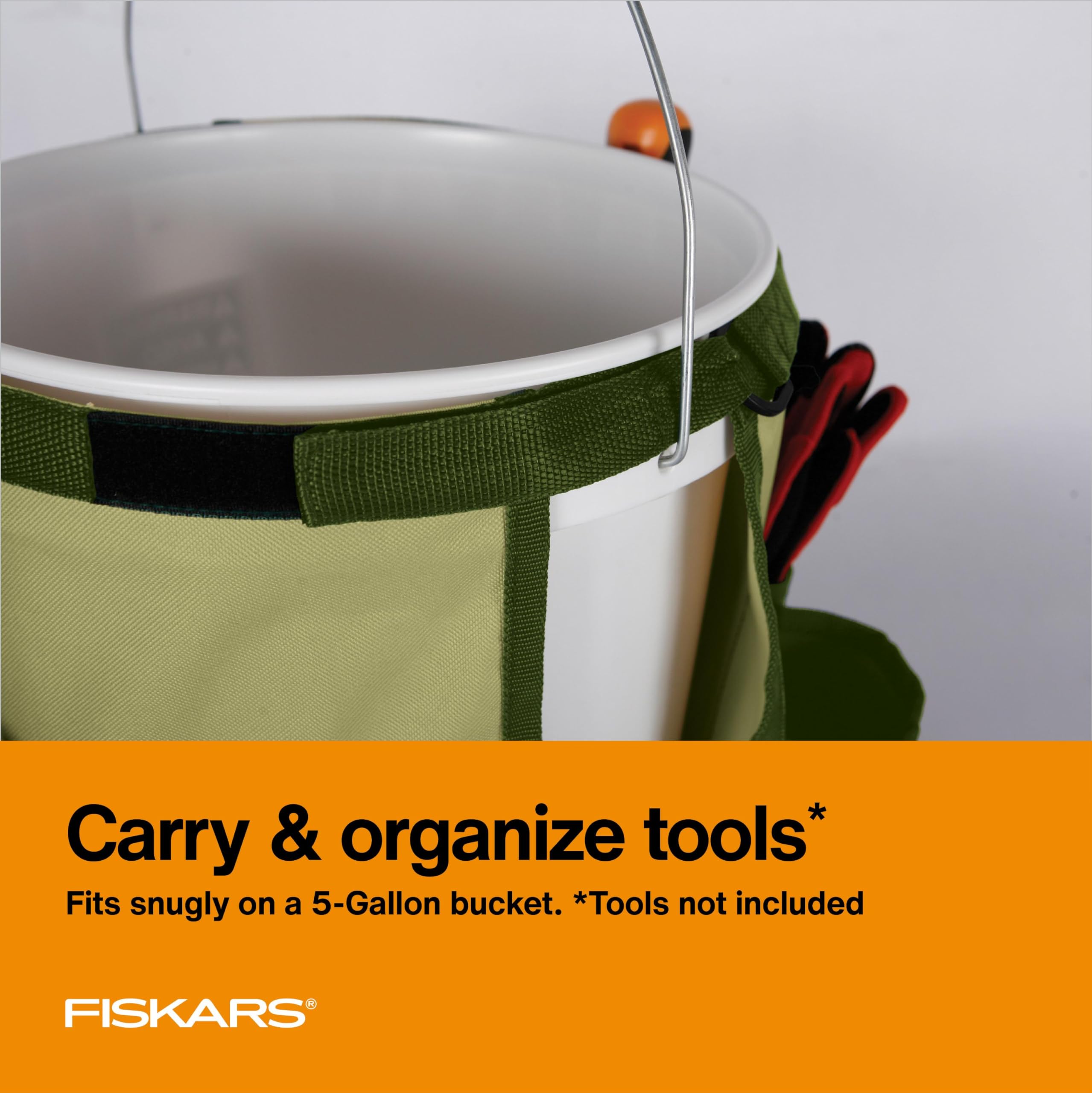 Fiskars Garden Tool Bucket Caddy with tools and gloves