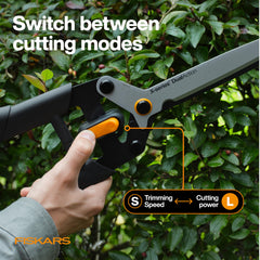 Fiskars hedge shears demonstrating 2-in-1 cutting modes