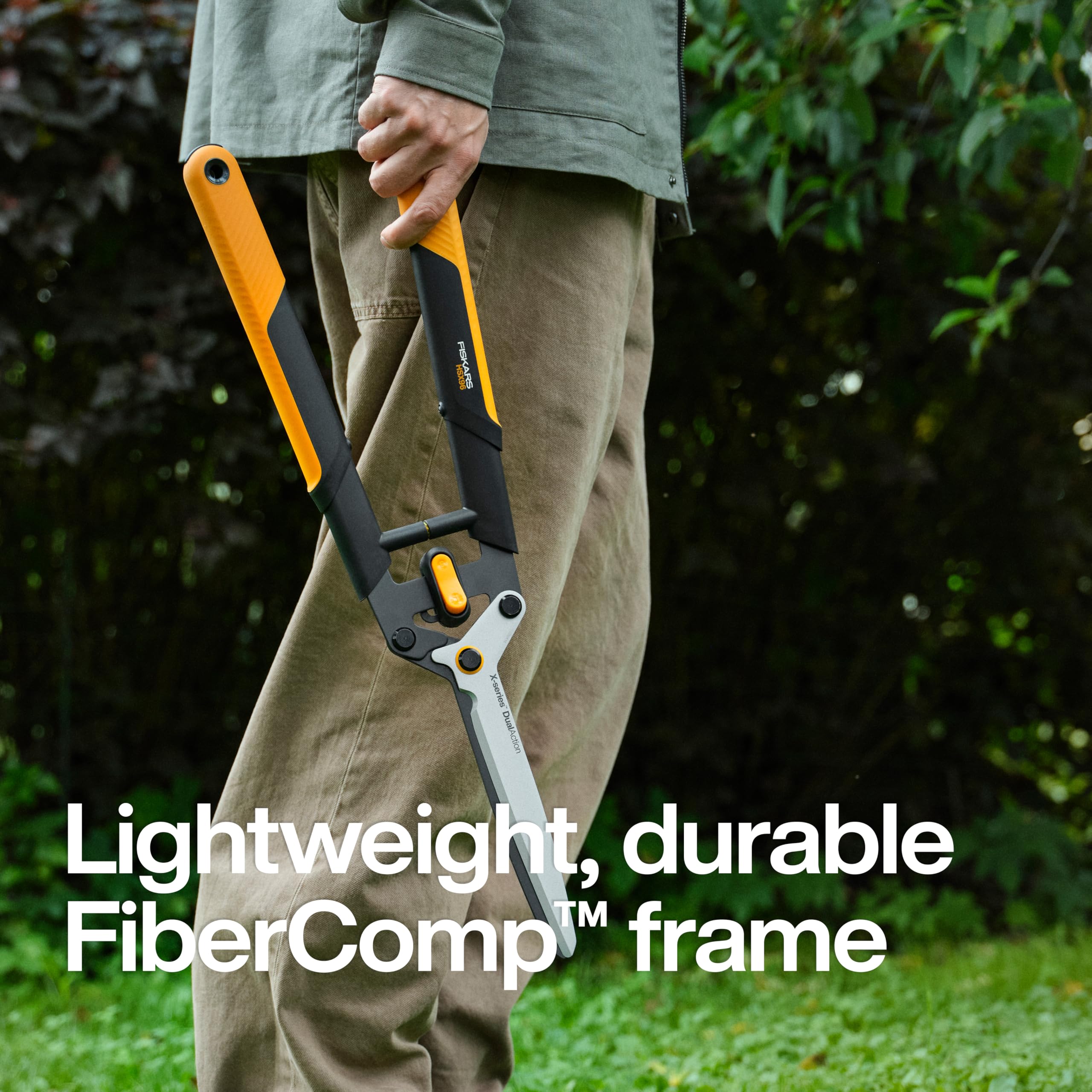 Fiskars hedge shears showing integrated shock-absorbing bumpers