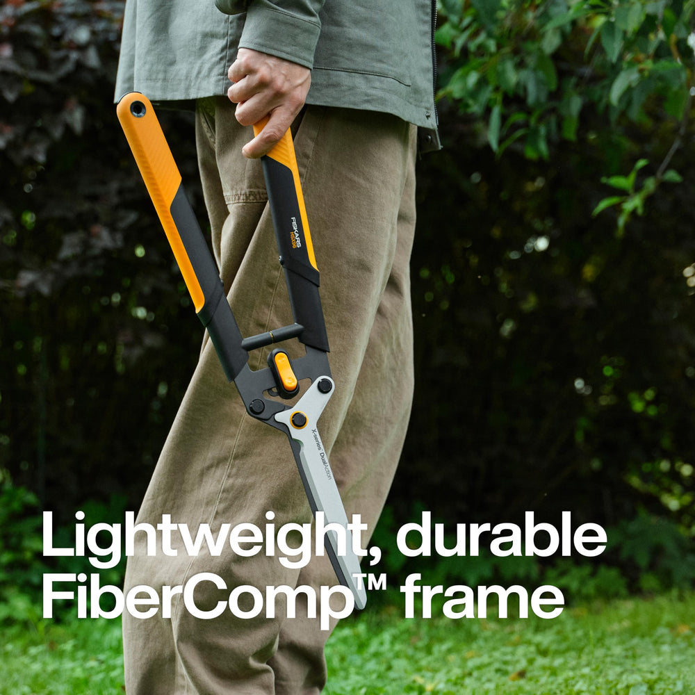 Fiskars hedge shears showing integrated shock-absorbing bumpers