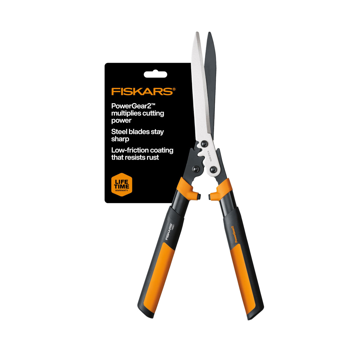 Fiskars PowerGear2 Hedge Shears front view with 10" blades