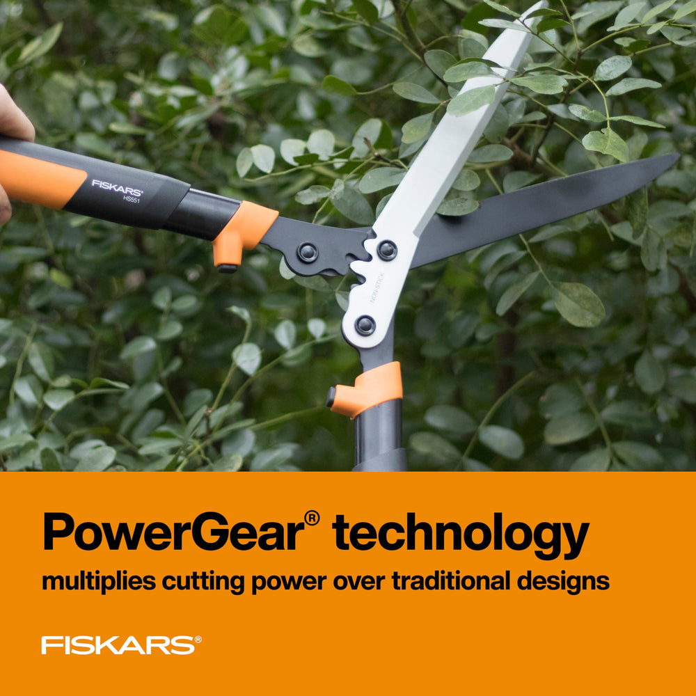 Fiskars PowerGear2 Hedge Shears in use trimming a hedge