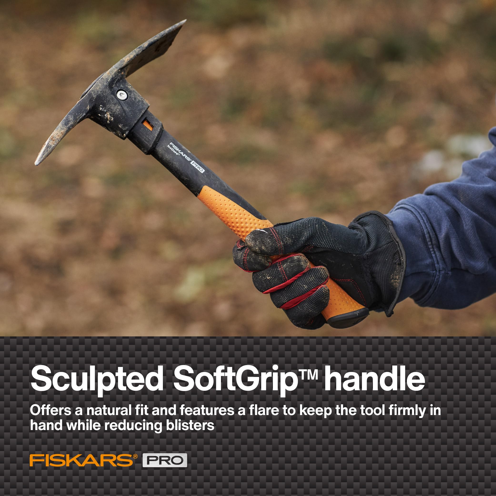 Fiskars Pro IsoCore Pickaxe head close-up showing steel construction