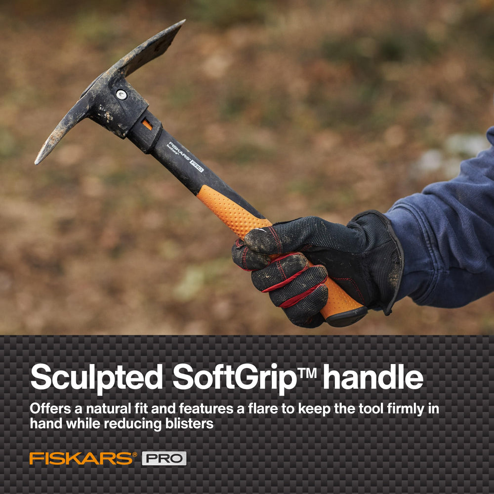 Fiskars Pro IsoCore Pickaxe head close-up showing steel construction