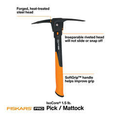 Fiskars Pro IsoCore Pickaxe & Hoe side view with texture detail