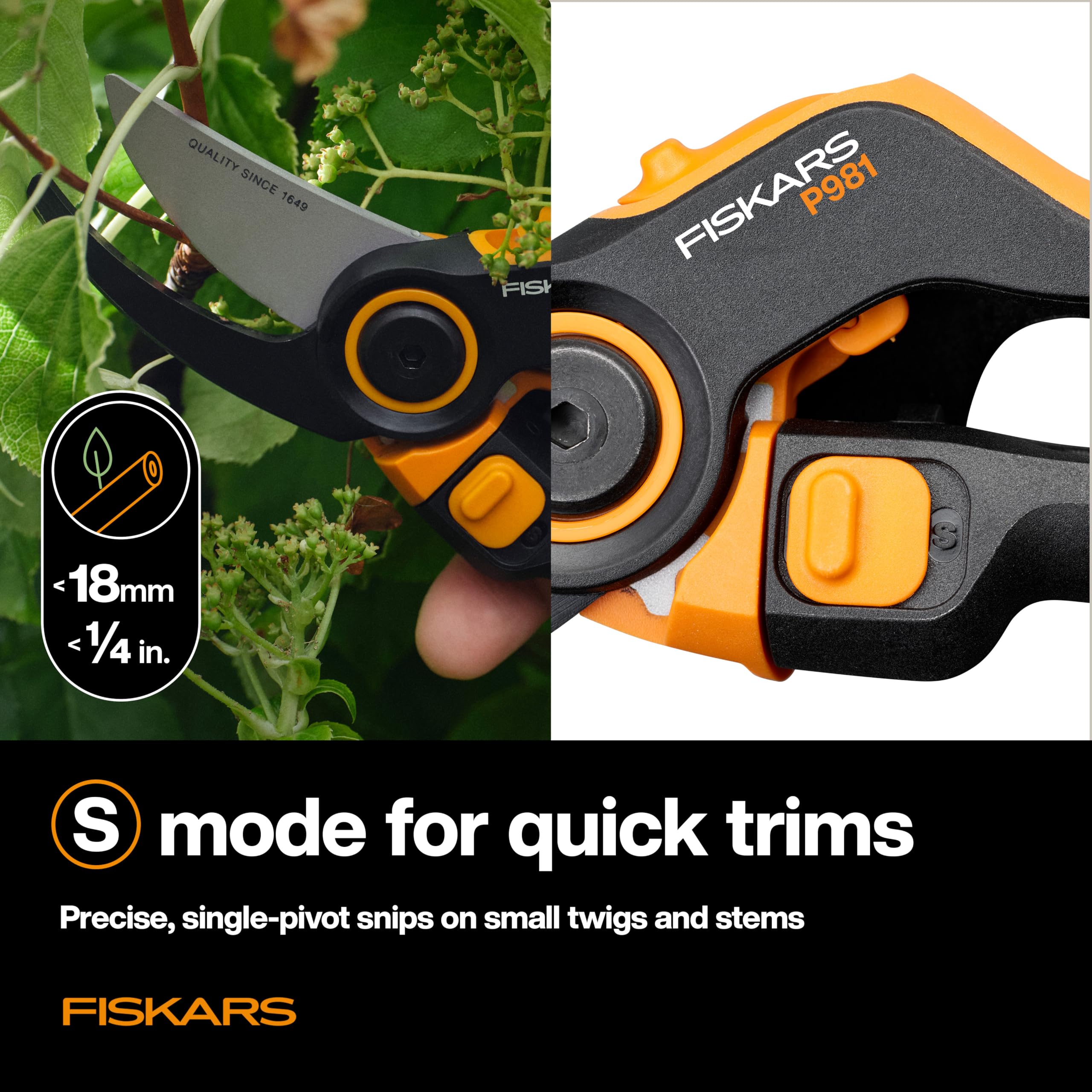 Fiskars pruner showing dual-action feature