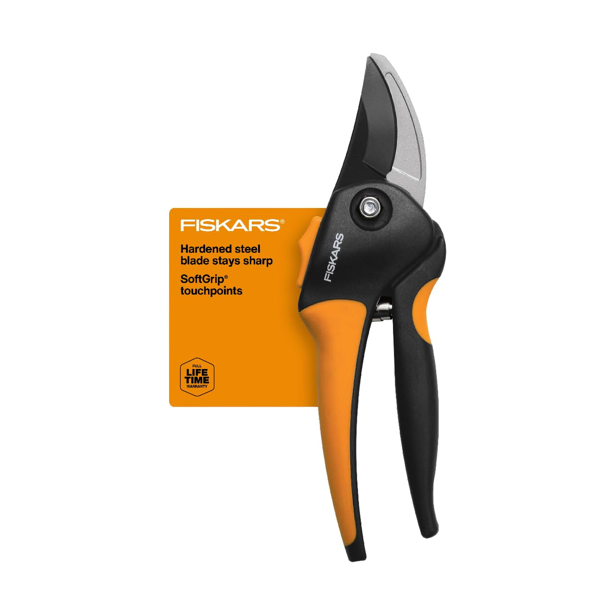 Fiskars SoftGrip Bypass Pruning Shears front view with black and orange design