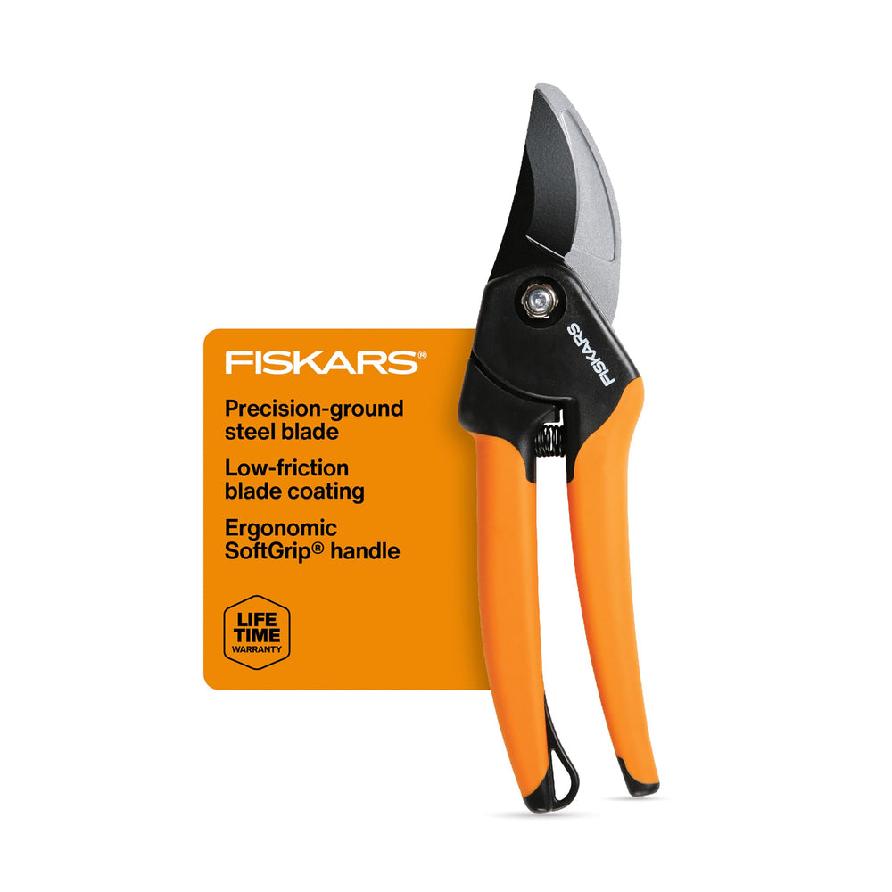 Fiskars SoftGrip Bypass Pruning Shears front view with orange handle