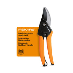 Fiskars SoftGrip Bypass Pruning Shears front view with orange handle