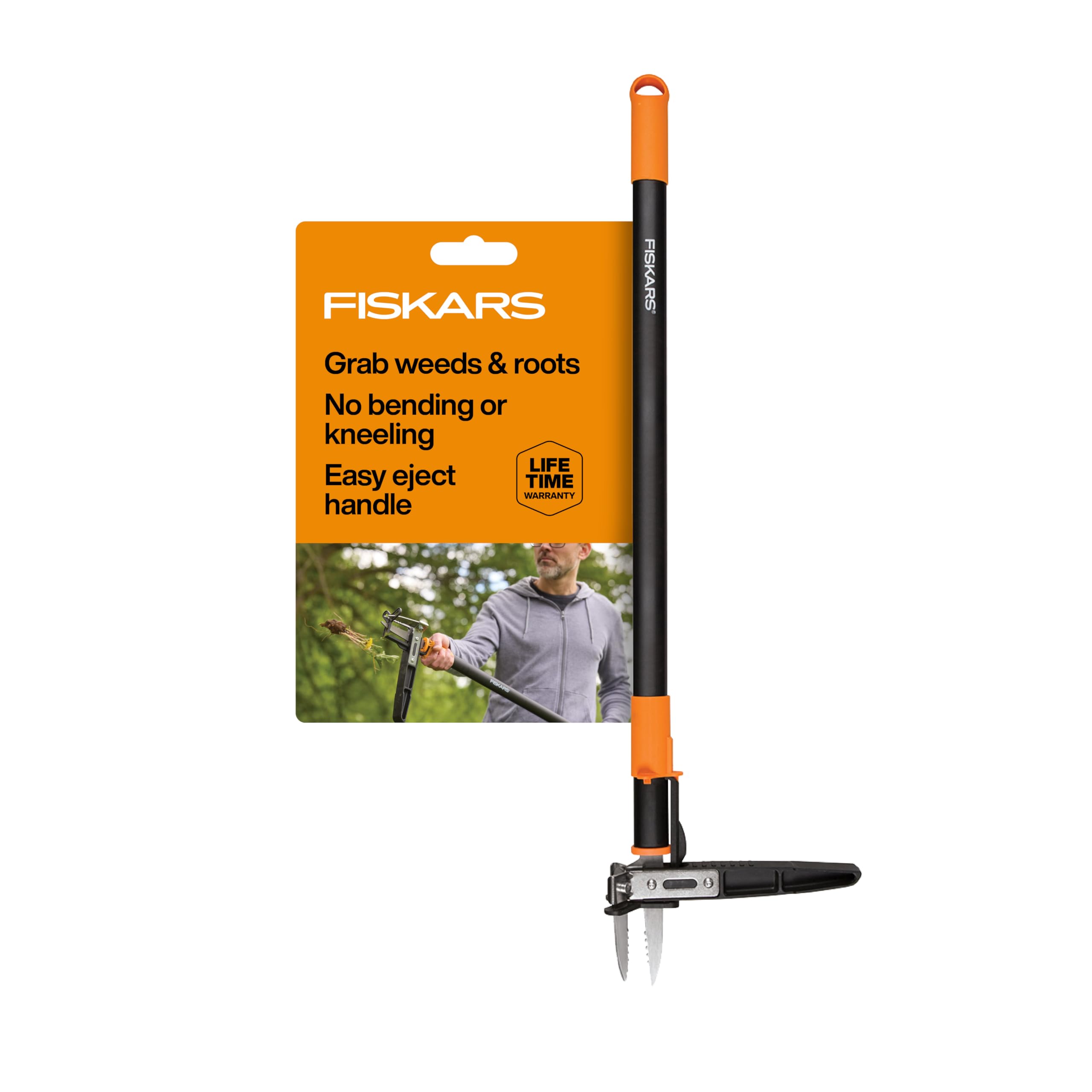 Fiskars Stand-Up Weed Puller Tool front view with stainless steel claws