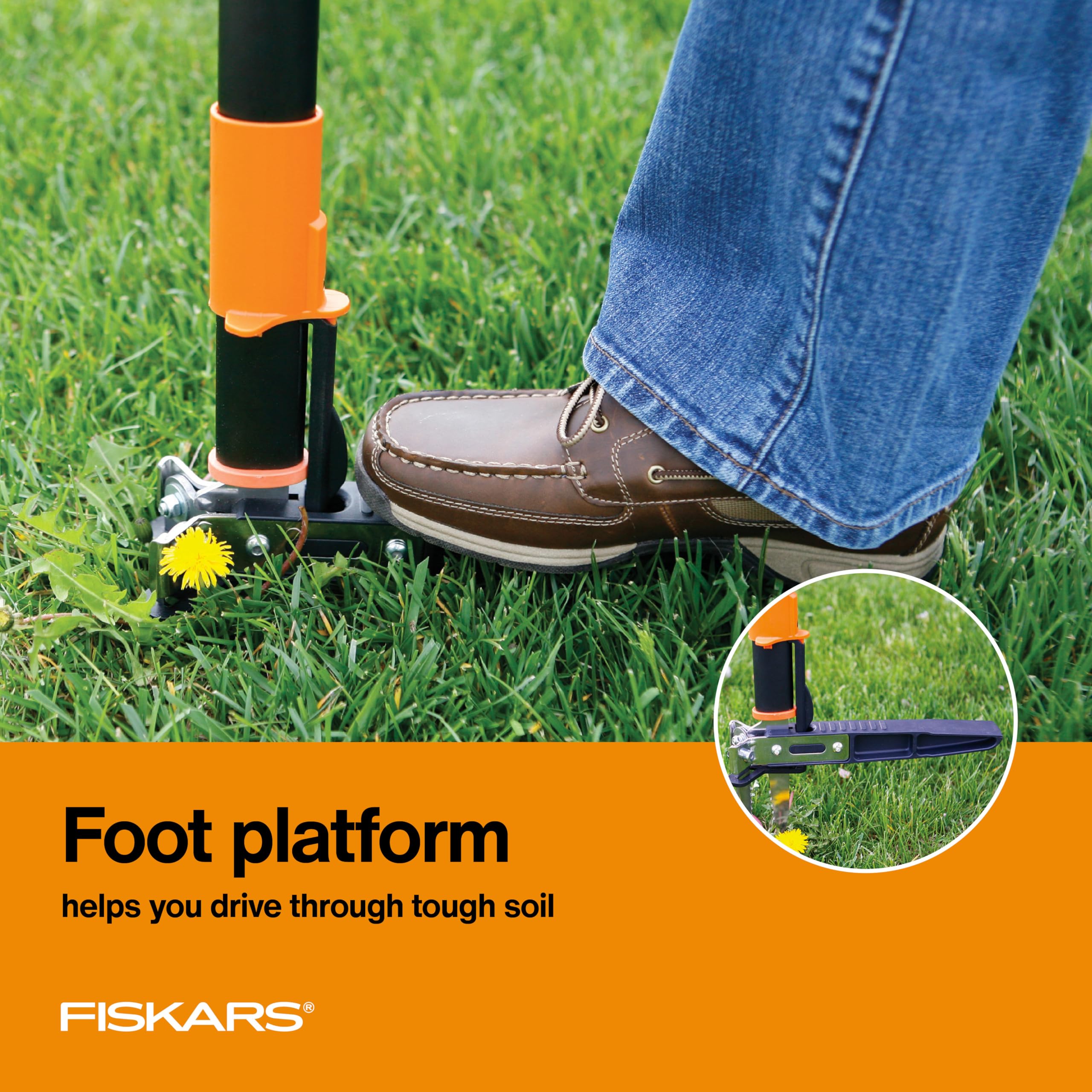 Fiskars weed puller tool on a garden background