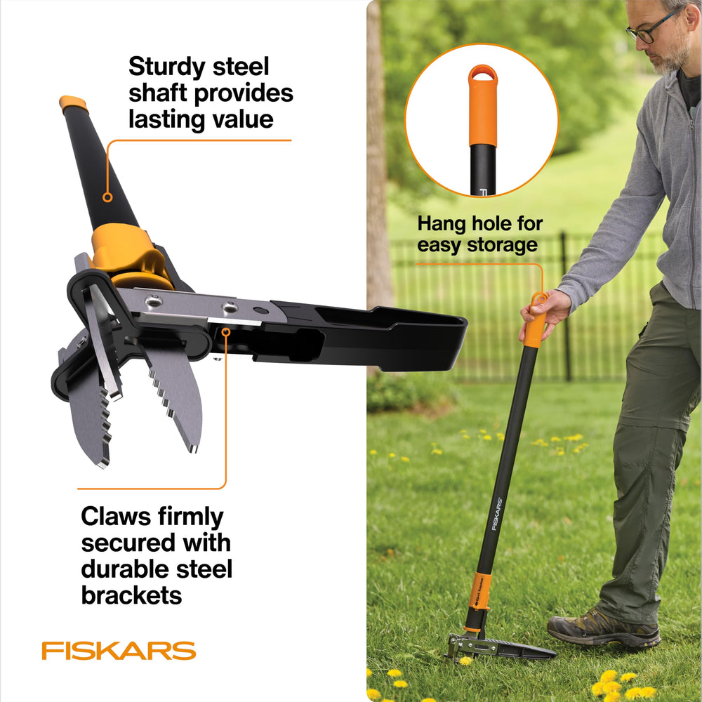 Fiskars weed puller with easy-eject design demonstrated