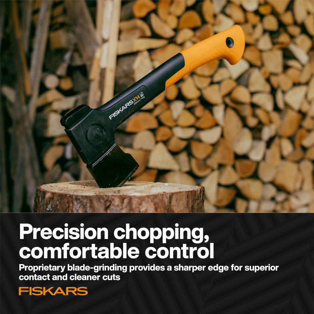 Fiskars X14 axe packaging with product details