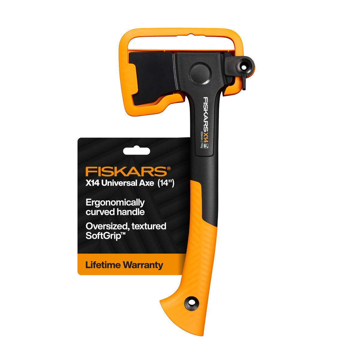 Fiskars X14 Universal Axe front view with orange and black design