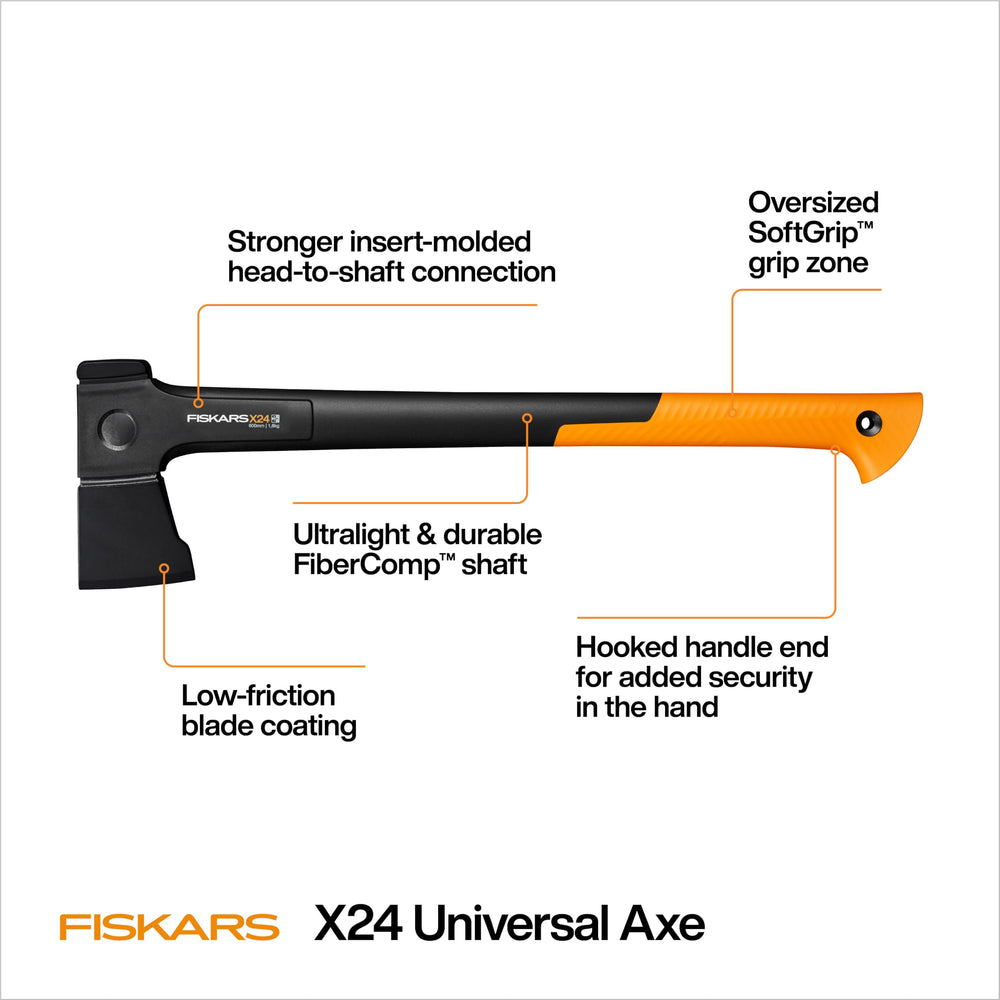 Fiskars X24 axe showing shock-absorbing FiberComp handle