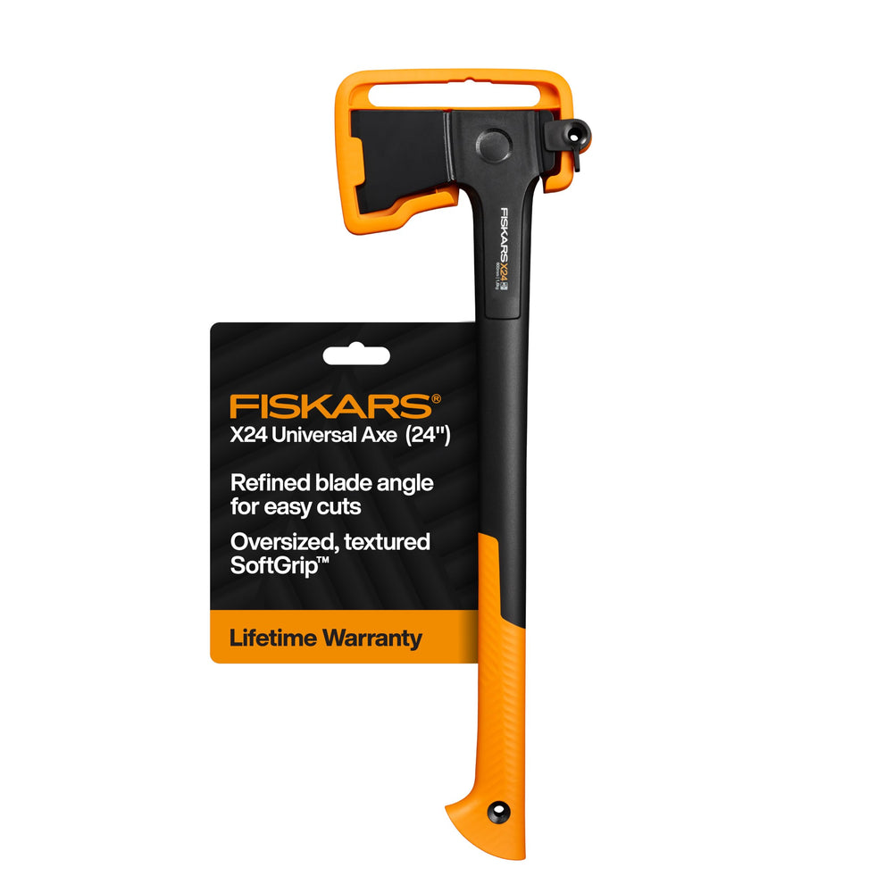 Fiskars X24 Universal Axe 24 inch front view with black and orange design