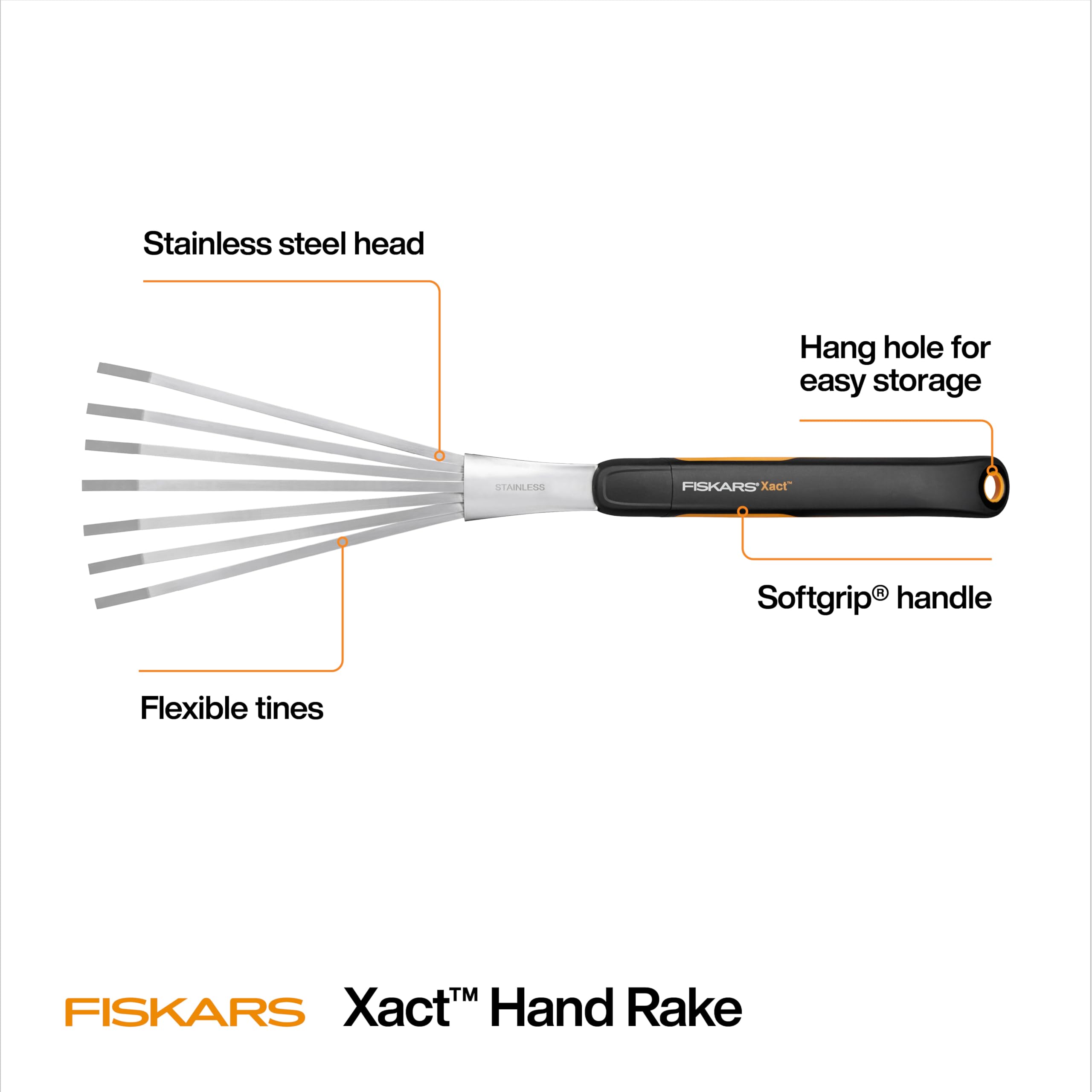 Fiskars Xact Hand Rake displayed on a garden table