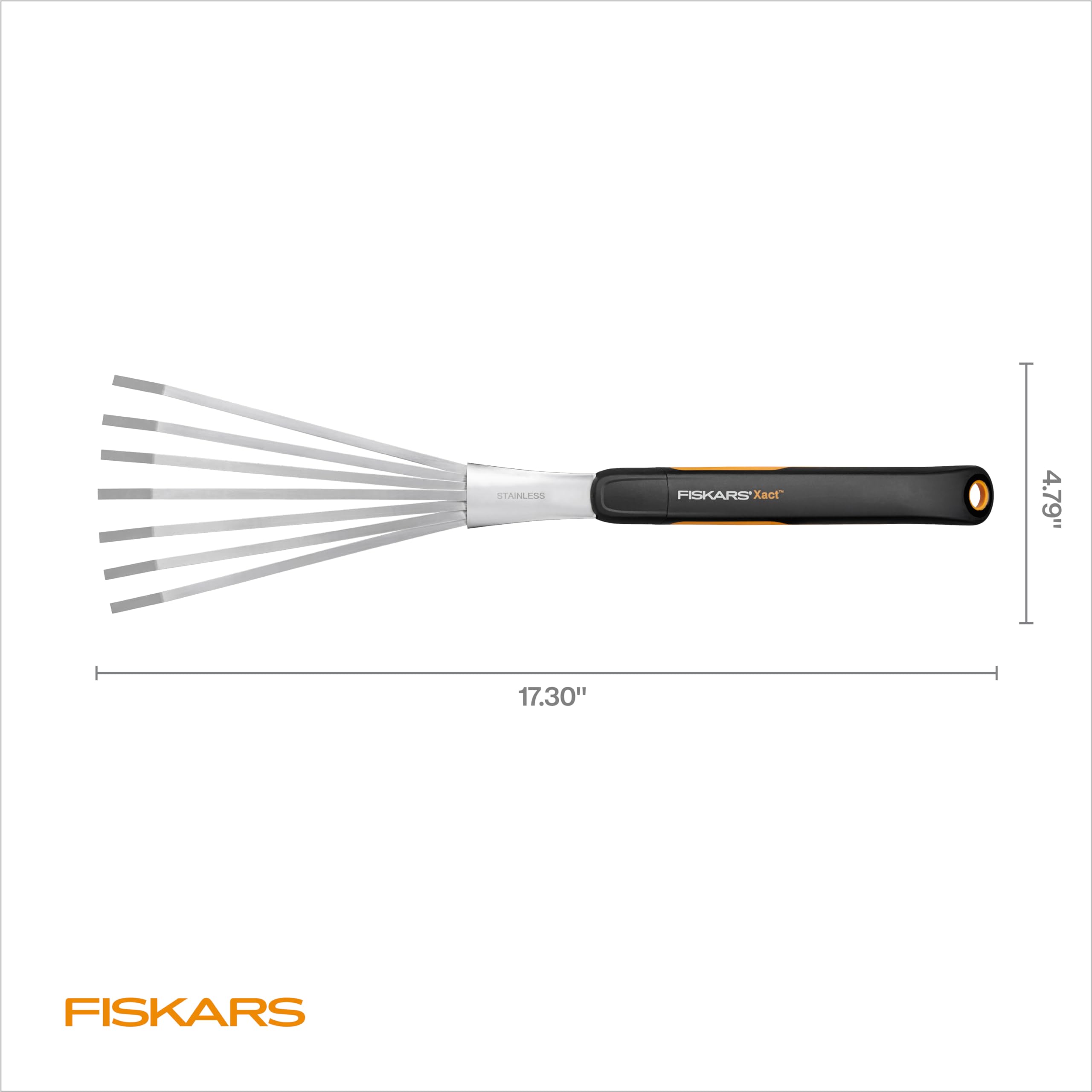 Fiskars Xact Hand Rake packaging on display