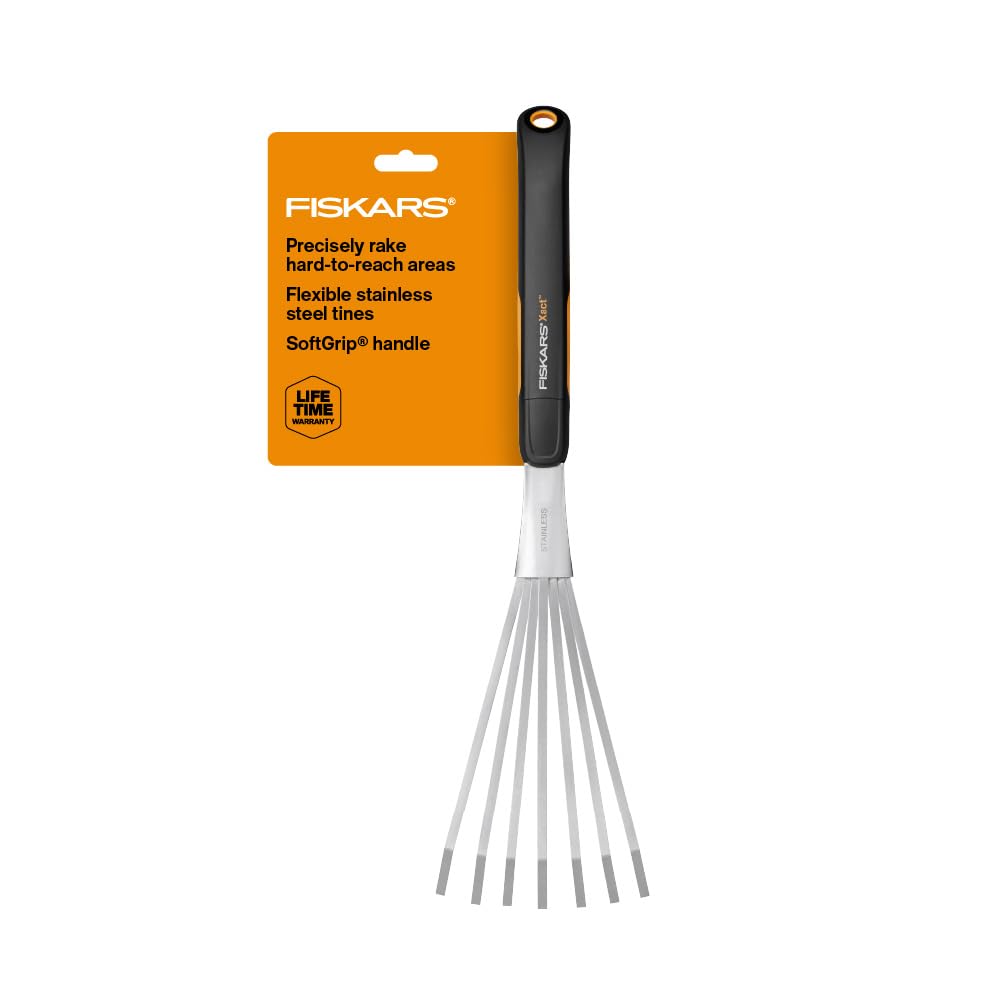 Fiskars Xact Hand Rake with stainless steel head and ergonomic handle